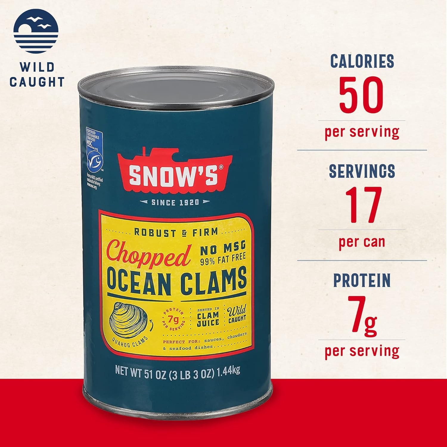 Snow’s Ocean Chopped Clams Canned, 51 oz Can – 7g Protein per Serving – Gluten F
