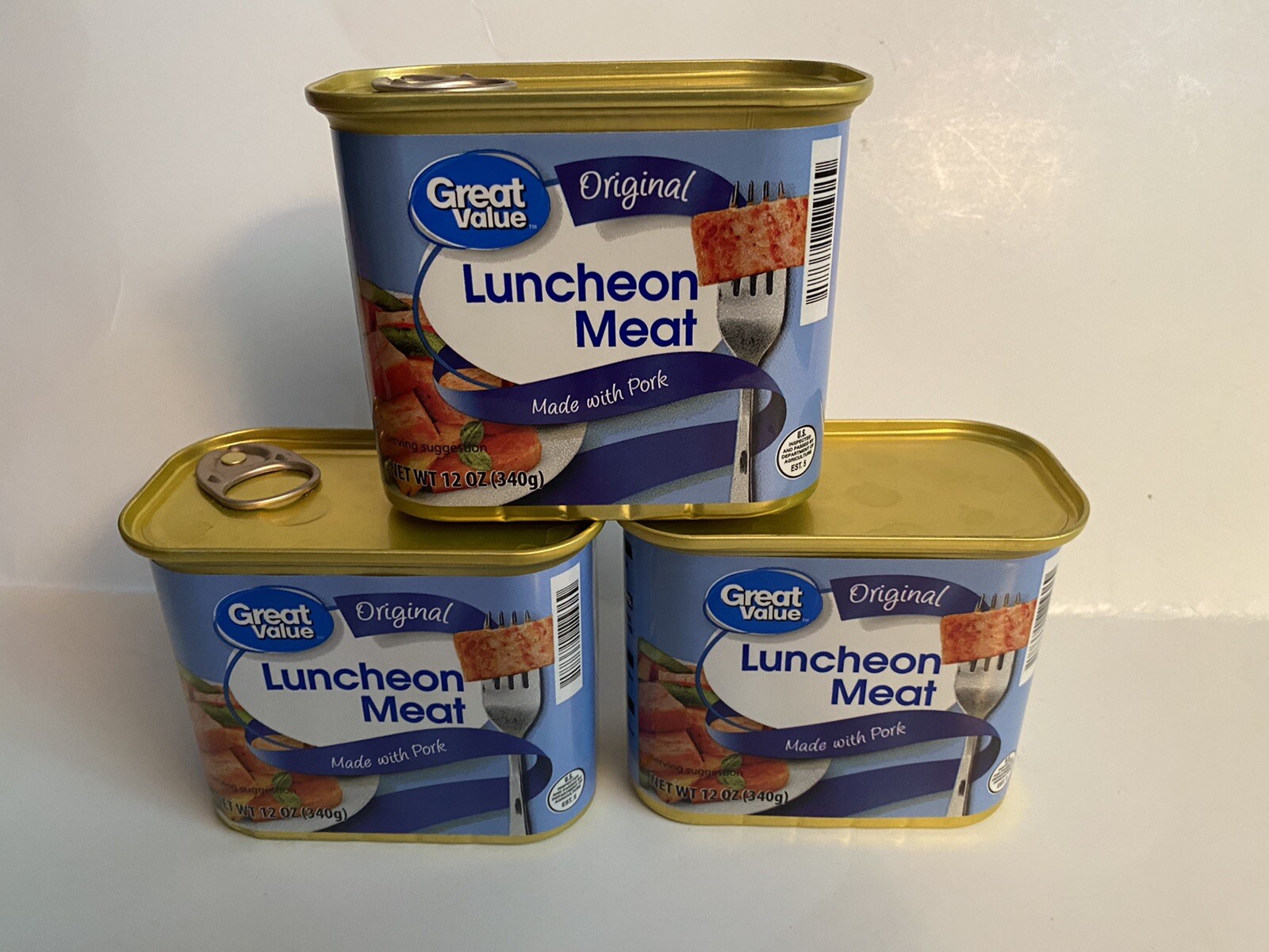 Three Cans of GREAT VALUE Luncheon Meat. Made with Pork. 12 Oz. Each Can