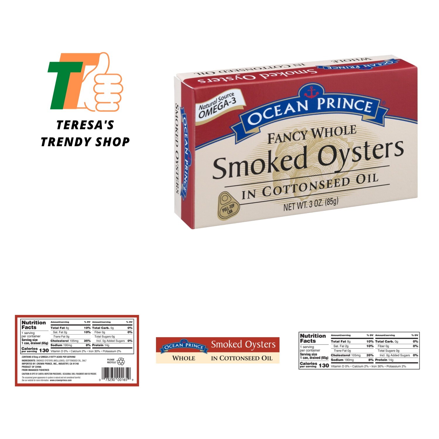Ocean Prince Smoked Oysters in Cottonseed Oil, 3-Ounce Cans Pack of 18