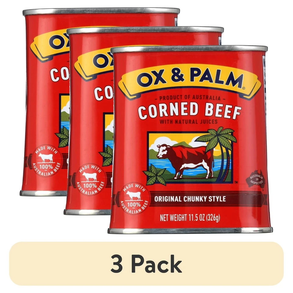 3 pack Ox & Palm Corned Beef original chunky Style in Tapered Can 11.5 oz can.