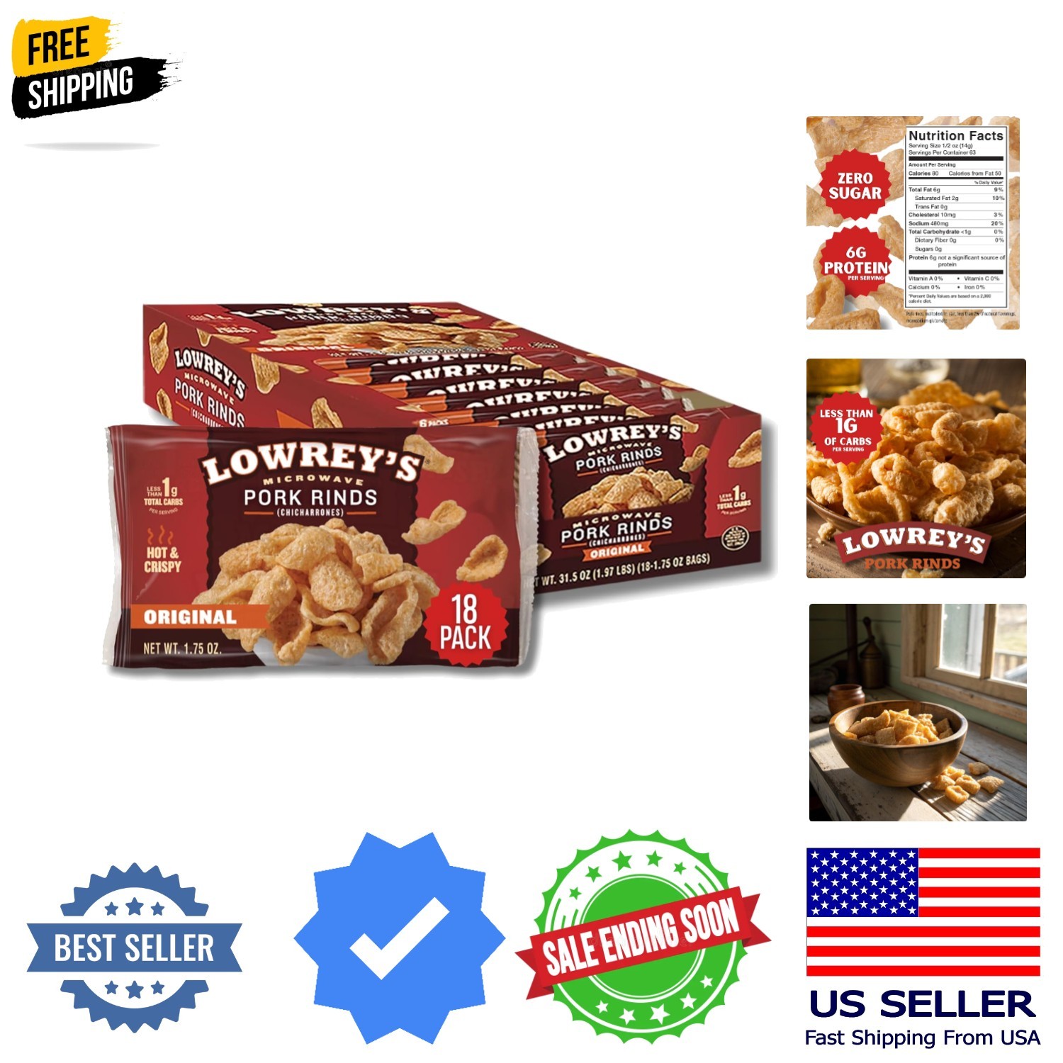 Bacon Curls Microwave Pork Rinds Chicharrones, , 1.75 Ounce Pack of 18