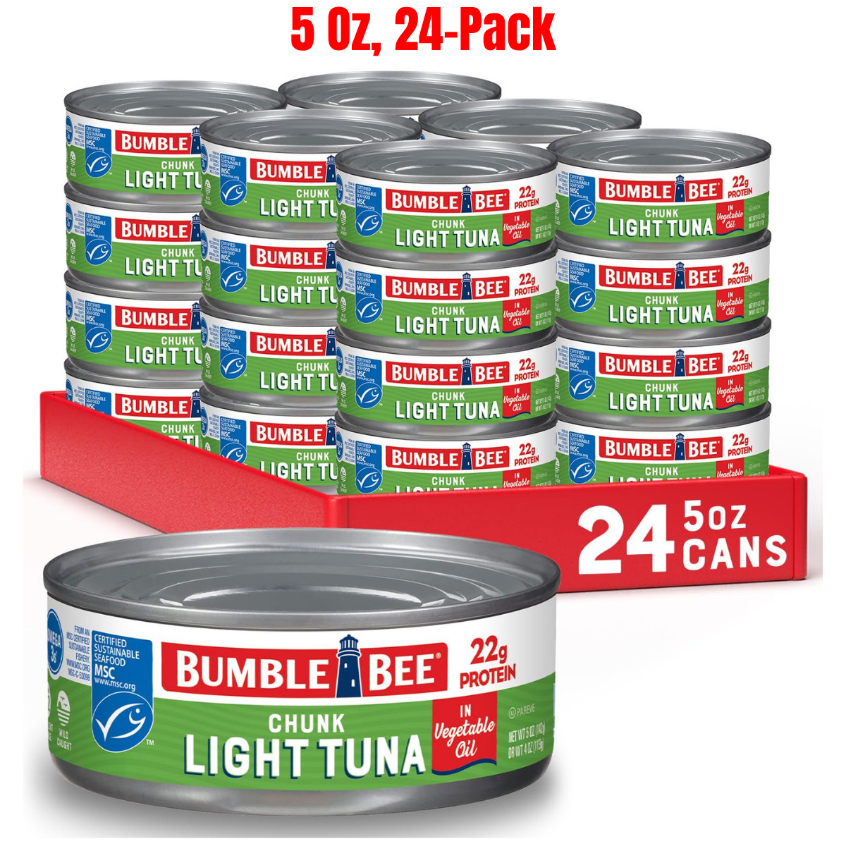 Bumble Bee Chunk Light Tuna In Oil, 5 Oz Cans, 24-PK, Wild Caught Skipjack Tuna