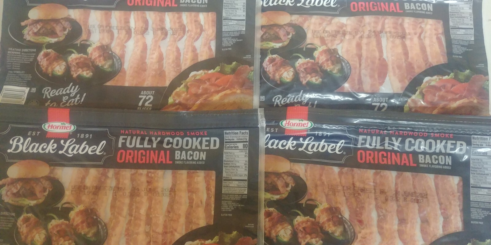 Hormel Black Label Fully Cooked Bacon 72 slices – pack of 4