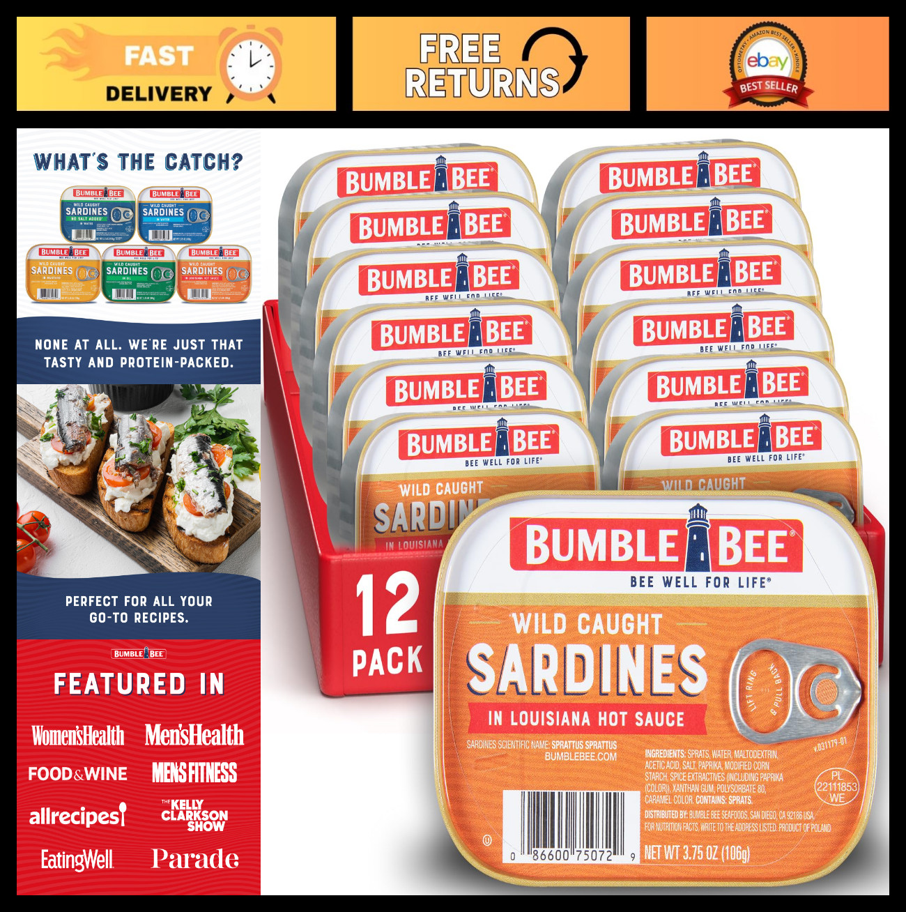 Wild Caught Sardines in Louisiana Hot Sauce, 3.75 oz Tin – Pack of 12, Gluten Fr