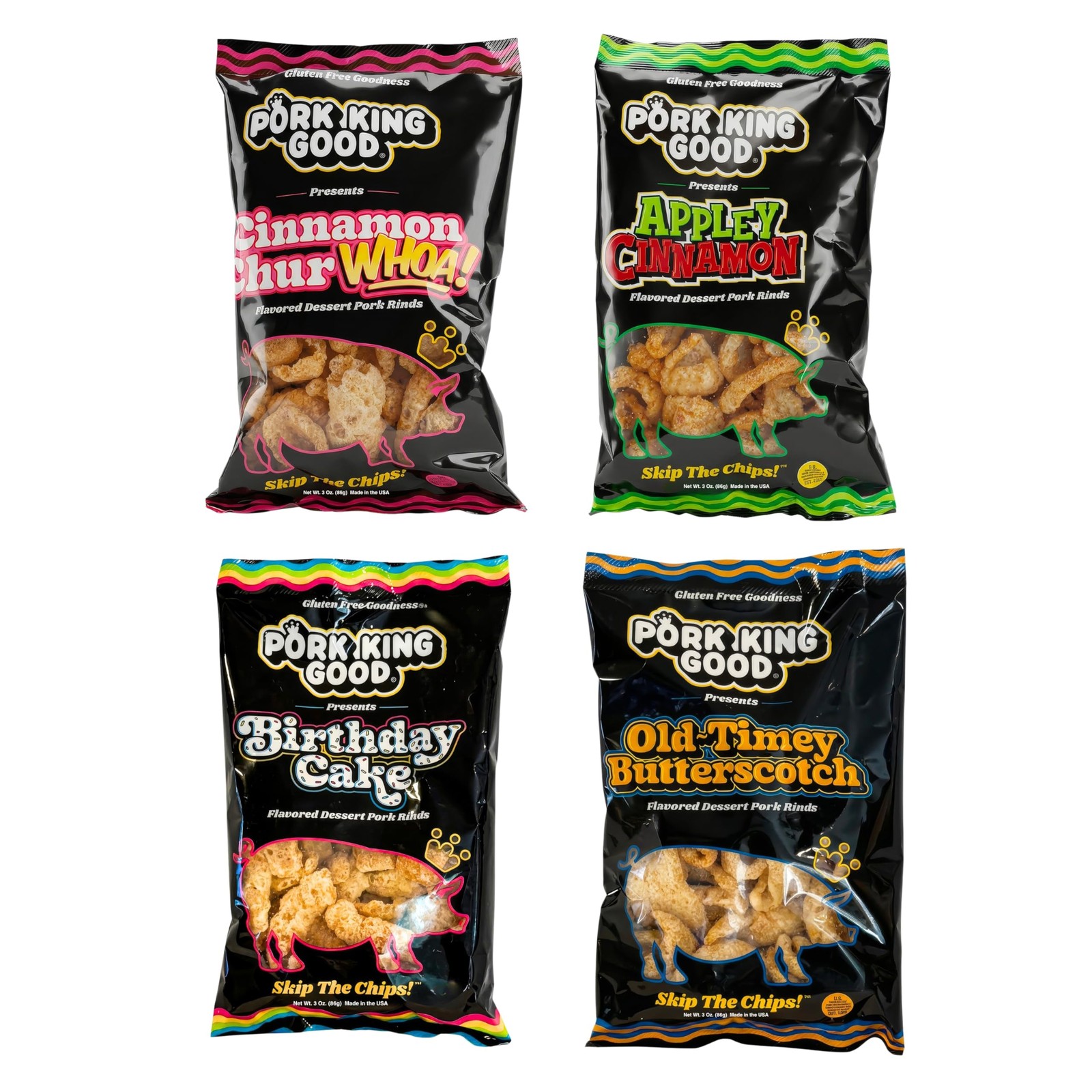 4 Bag Variety Pack of Sweet & Salty Dessert Flavored Pork Rinds – 3 oz (Varie…