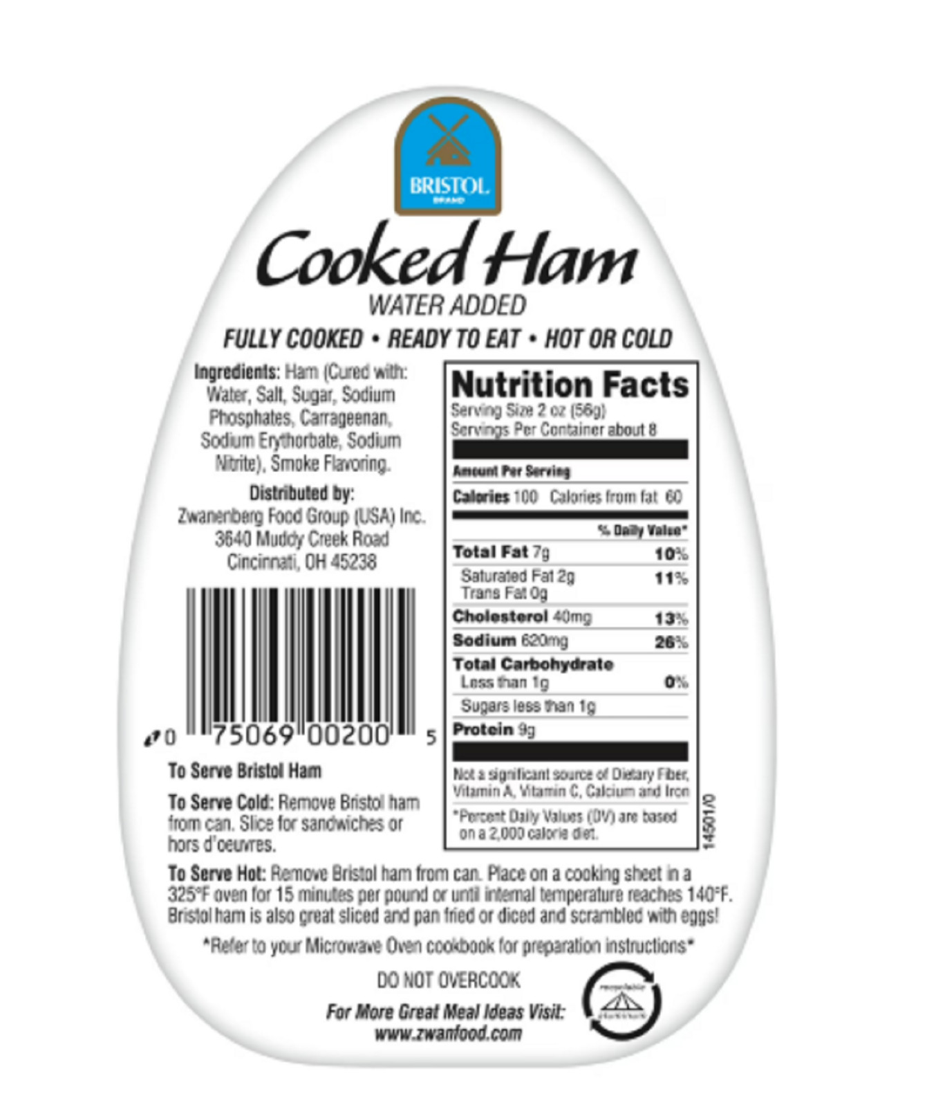 (4 pack)Bristol Brewing Company Brand Smoke Flavor Cooked Ham,High Protein, 16oz
