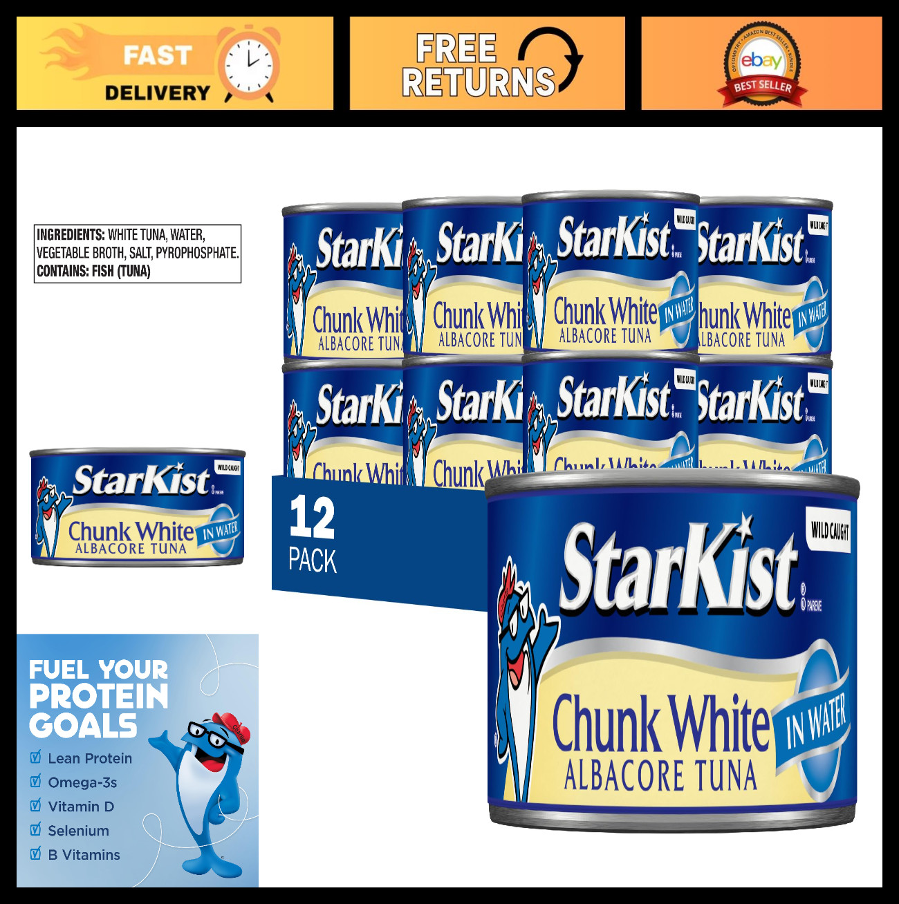 Premium Chunk White Albacore Tuna in Water, 12 oz Cans, Bulk Pack of 12