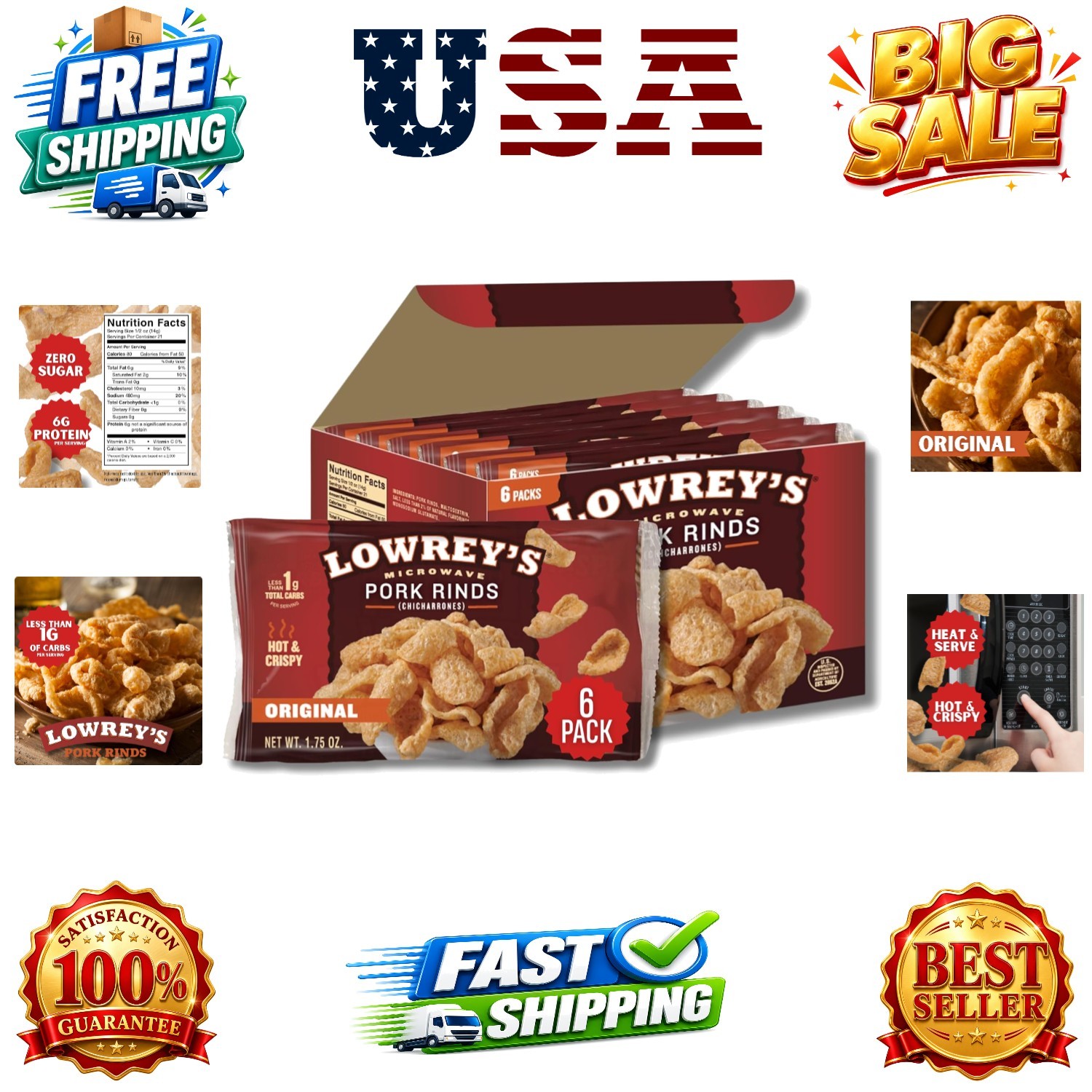 Bacon Curls Microwave Pork Rinds Chicharrones, , 1.75 Ounce Pack of 6