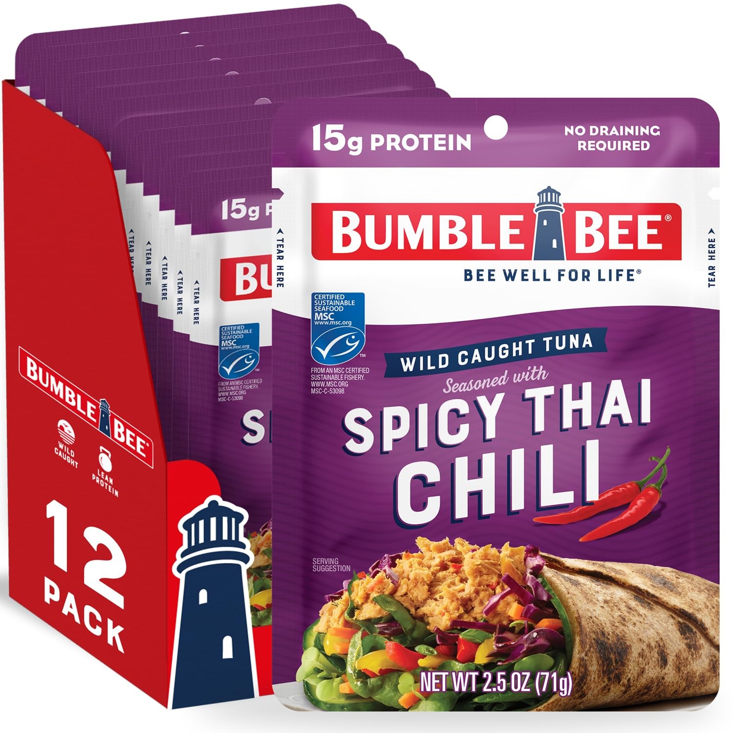 Bumble Bee Spicy Thai Chili Seasoned Tuna Pouch Wild Caught Ready to Eat 12pk