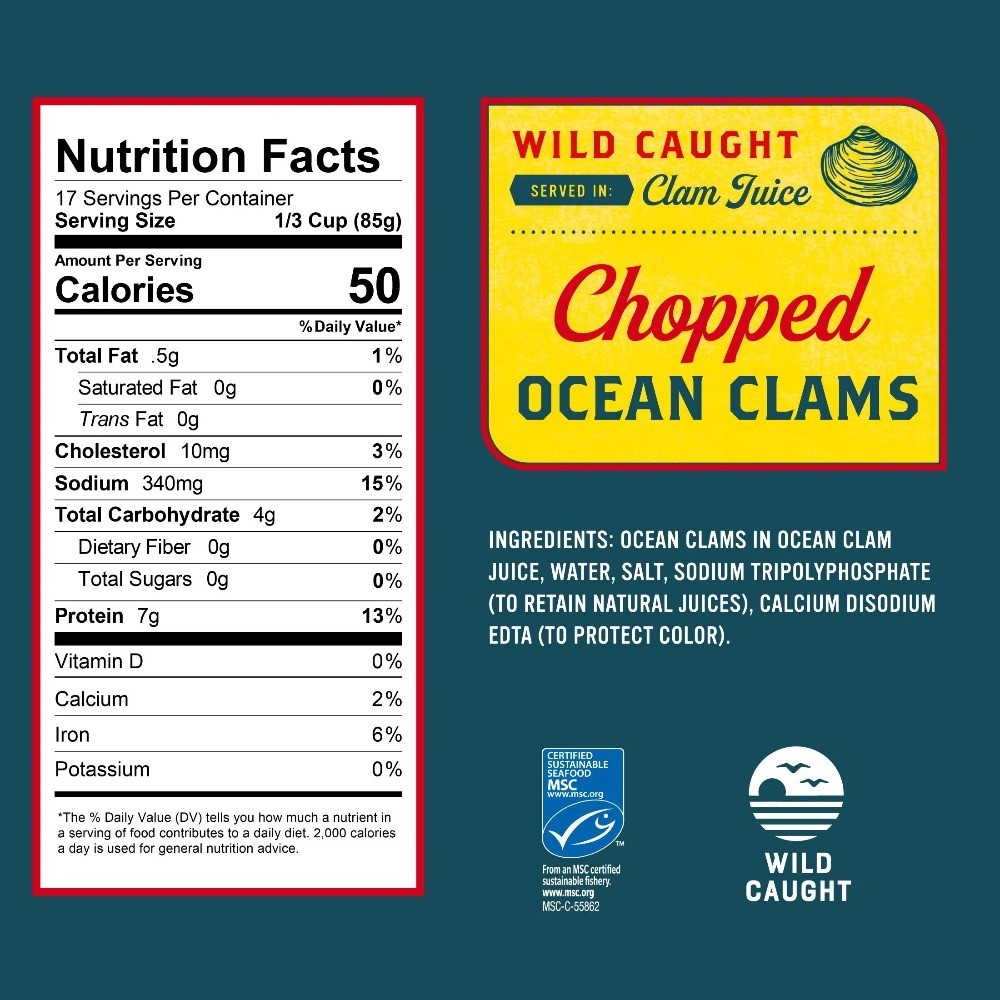Wild Caught Chopped Ocean Clams, Gluten Free, No MSG, 7g Protein per Serving,