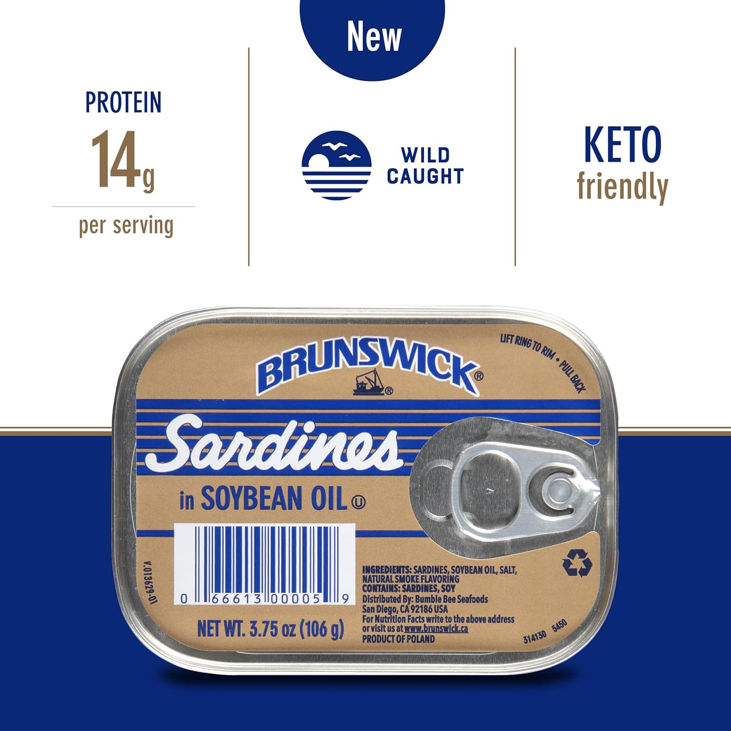 Wild Caught Sardines in Soybean Oil, 3.75 Oz Can (Pack of 12) – 14G Protein per