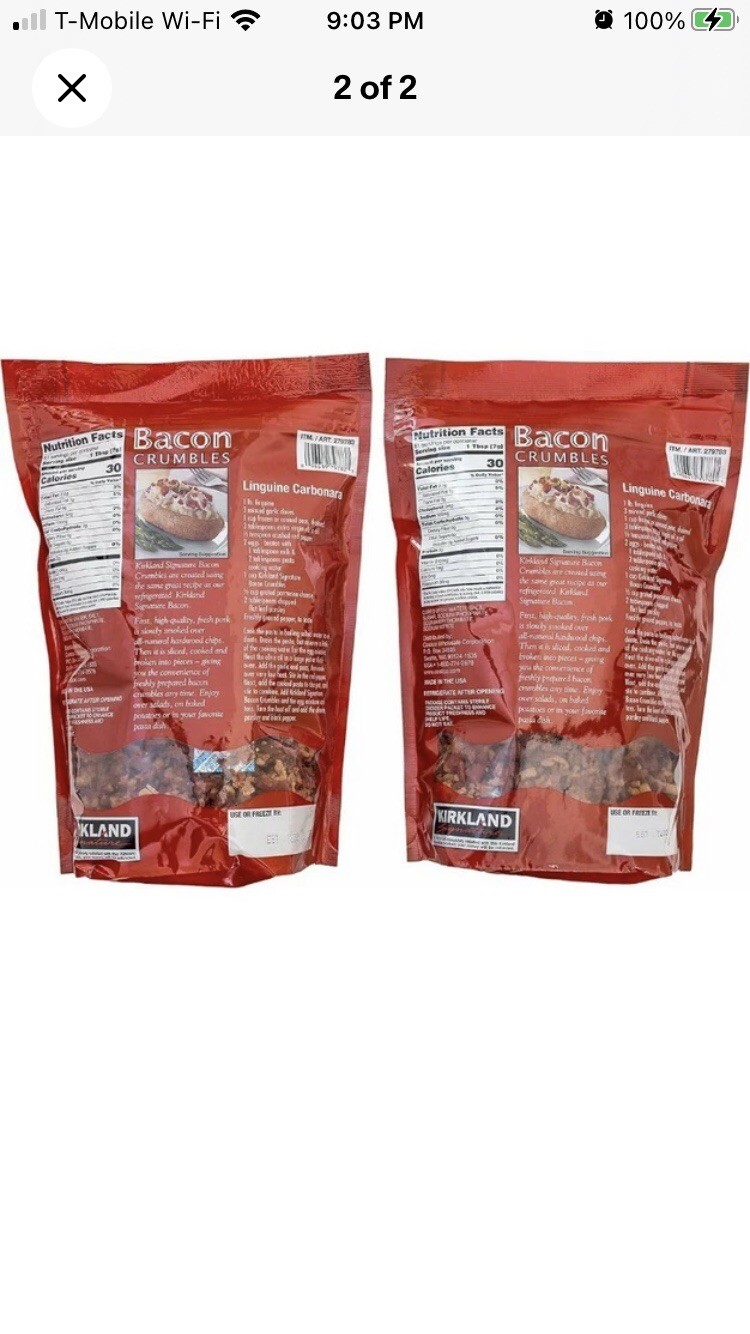 Kirkland Signature Bacon Crumbles 1.25 lb Bag 2 Pack Real Hardwood Smoked