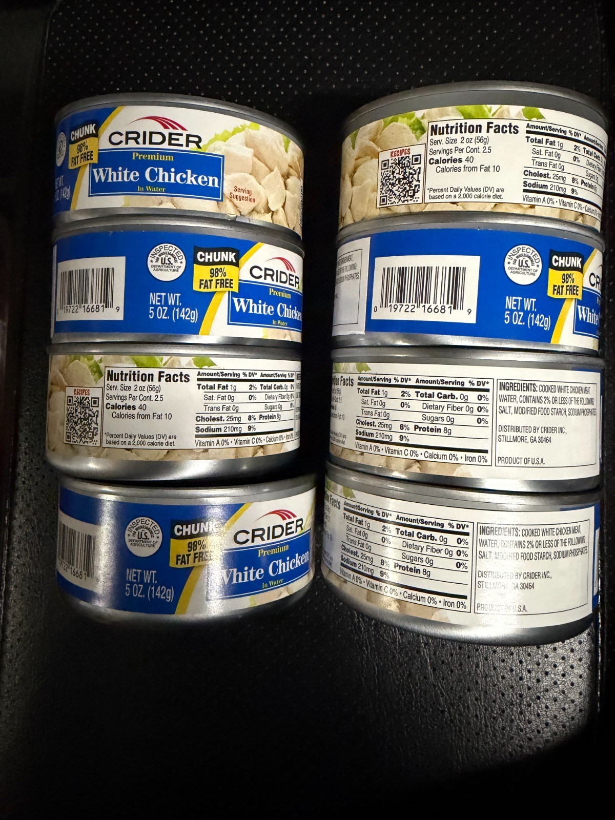 Crider Canned White Chicken 5 oz Lot of 8(1 can dented bottom edge-see photo)