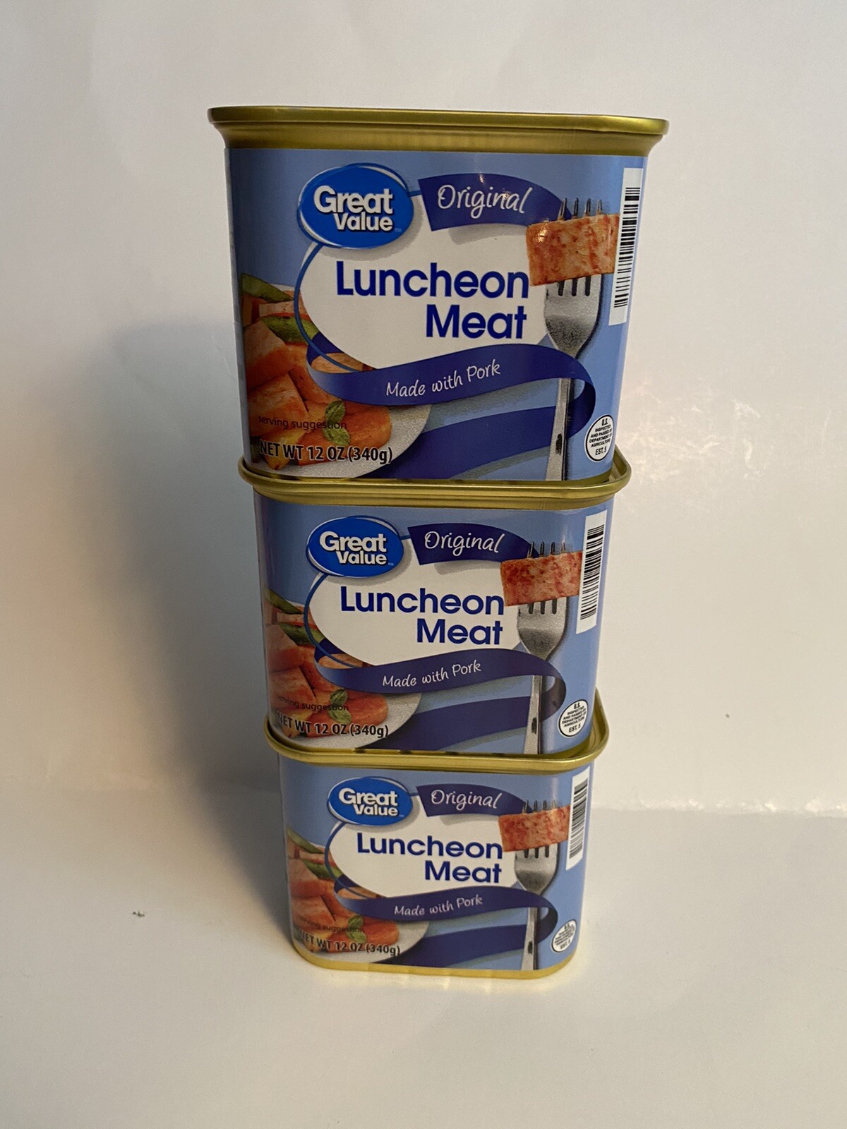 Three Cans of GREAT VALUE Luncheon Meat. Made with Pork. 12 Oz. Each Can