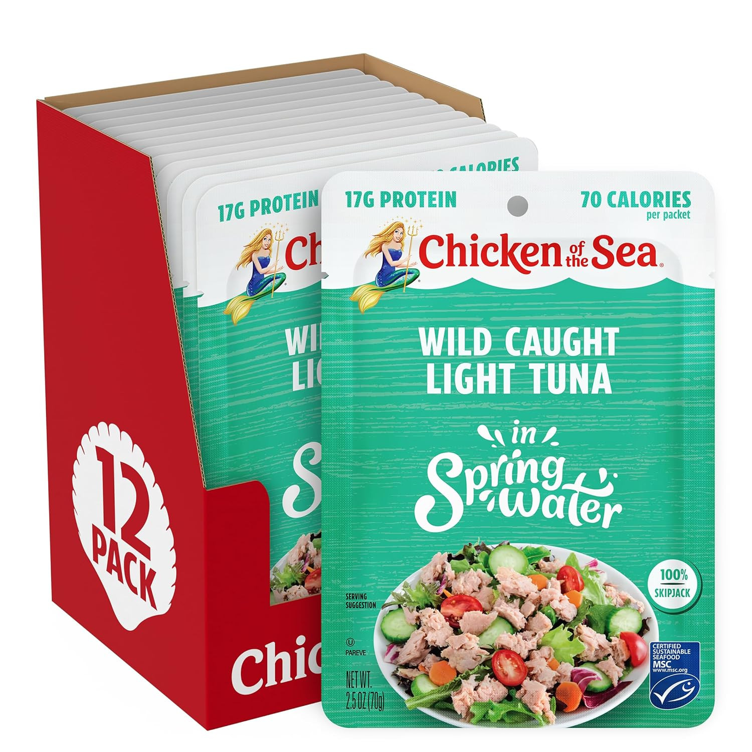 Chicken of the Sea Wild Caught Light Tuna in Spring Water, 2.5 Ounce Packets, 12