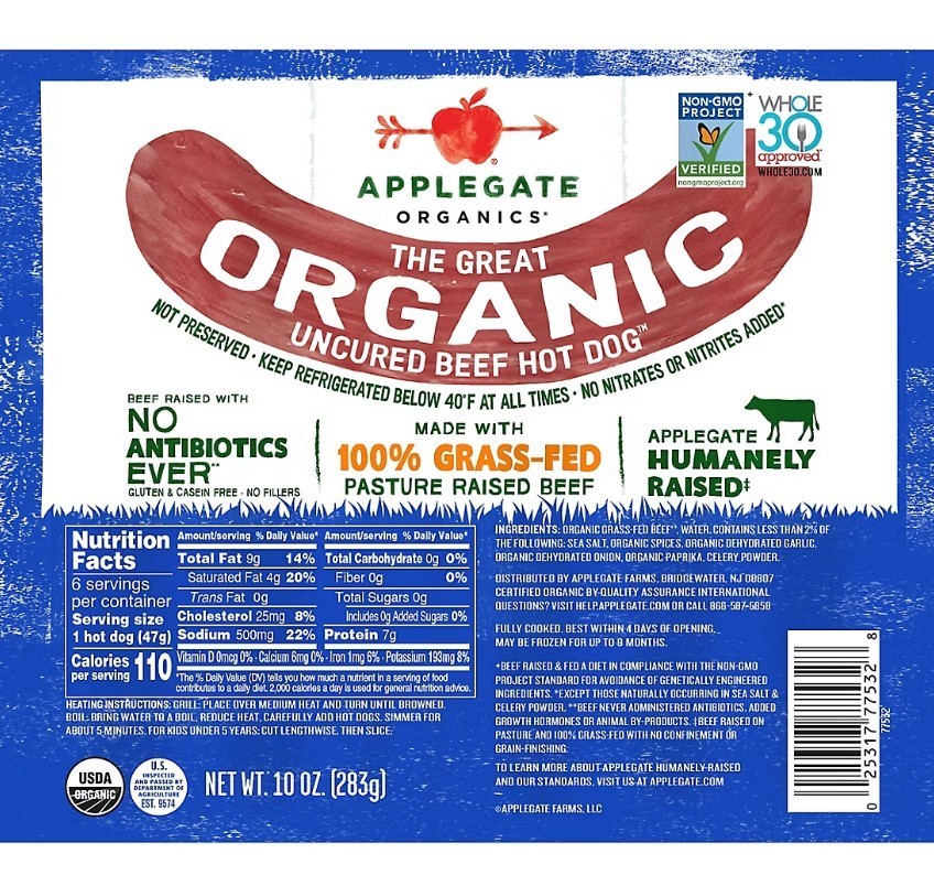 Applegate Organics Uncured Beef Hot Dogs, 20 oz.