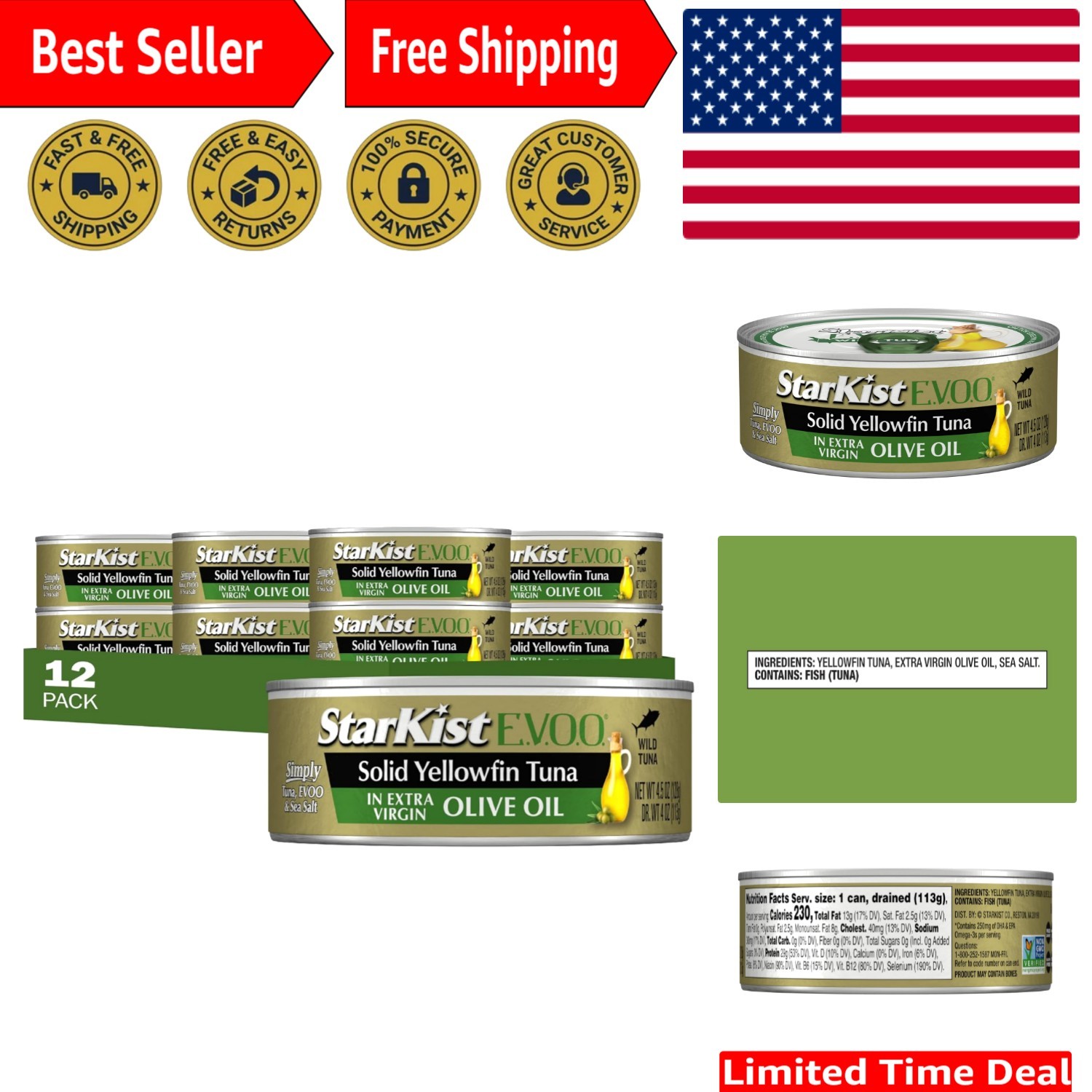 Extra Virgin Olive Oil Yellowfin Tuna – Bulk 4.5 oz Cans, Dolphin Safe, 12 Pack