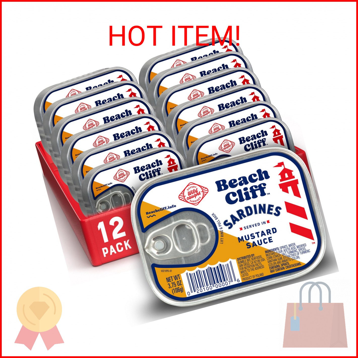 Beach Cliff Wild Caught Sardines in Mustard Sauce, 3.75 oz Can (Pack of 12) – 16