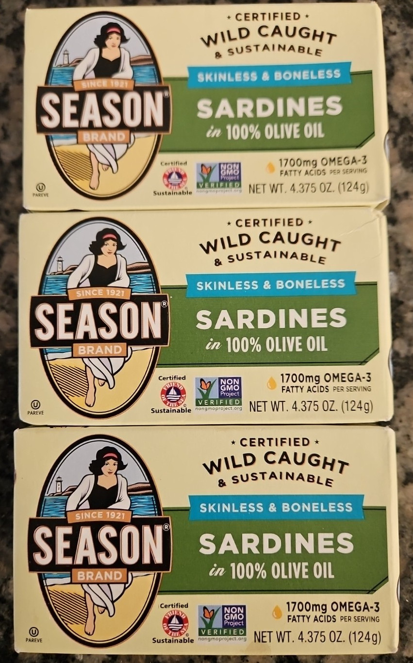 Season Skinless & Boneless Sardines in 100% Olive Oil – 4.375-Ounce (Pack of 3)