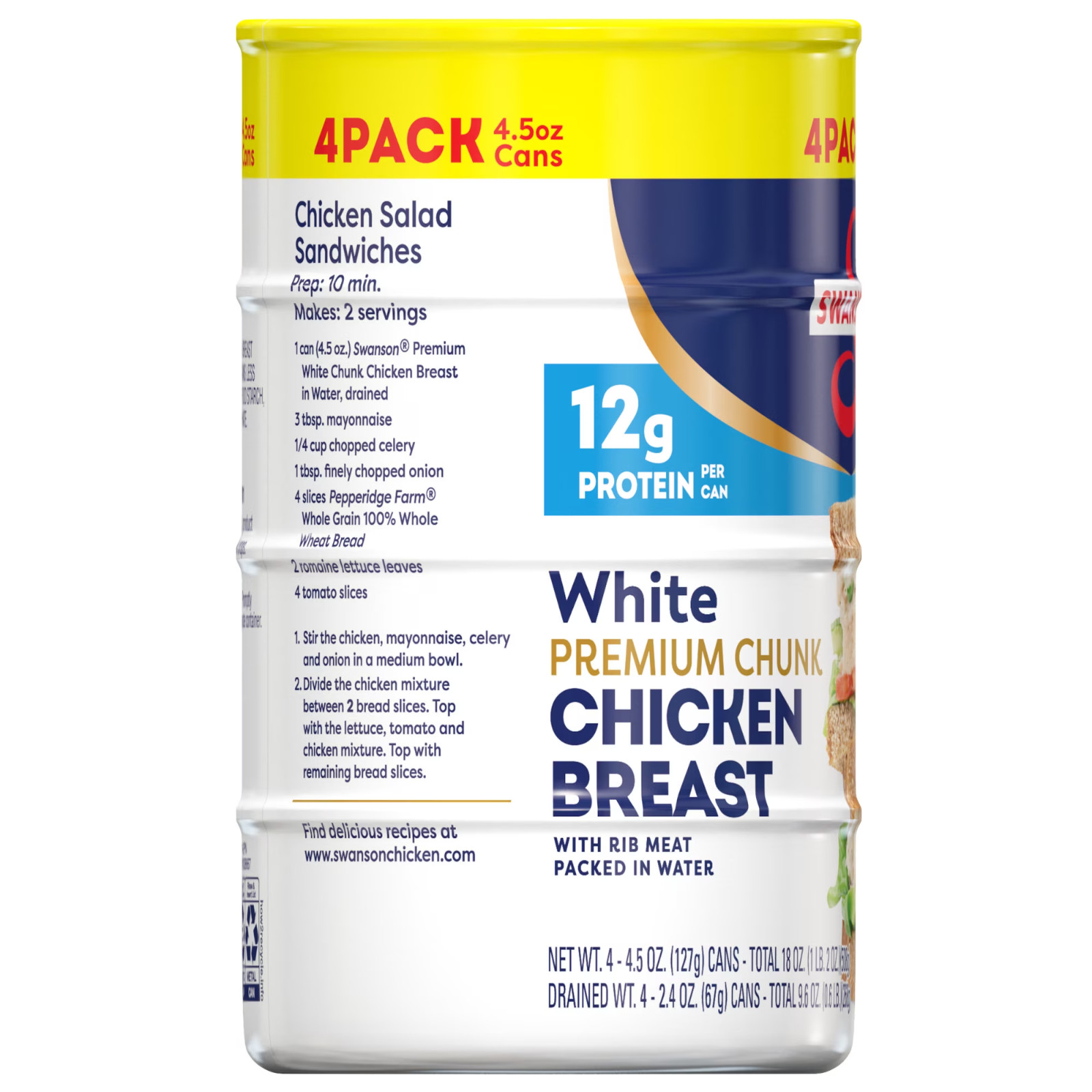 (4 Pack) Swanson White Premium Chunk Canned Chicken Breast in Water, 4.5 Oz