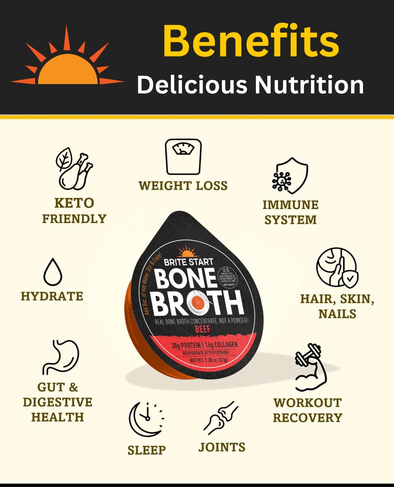 Brite Start Bone Broth – Beef – 4 Count – Keto 1 (Pack of 4)