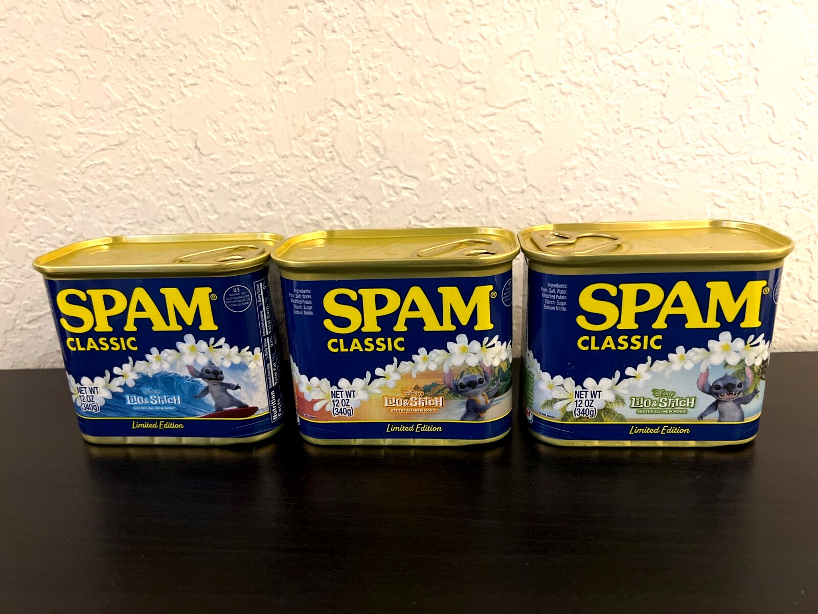 SPAM SET of 3 CANS Disney Lilo & STITCH Limited Edition Hula, Shaka & Surf NEW