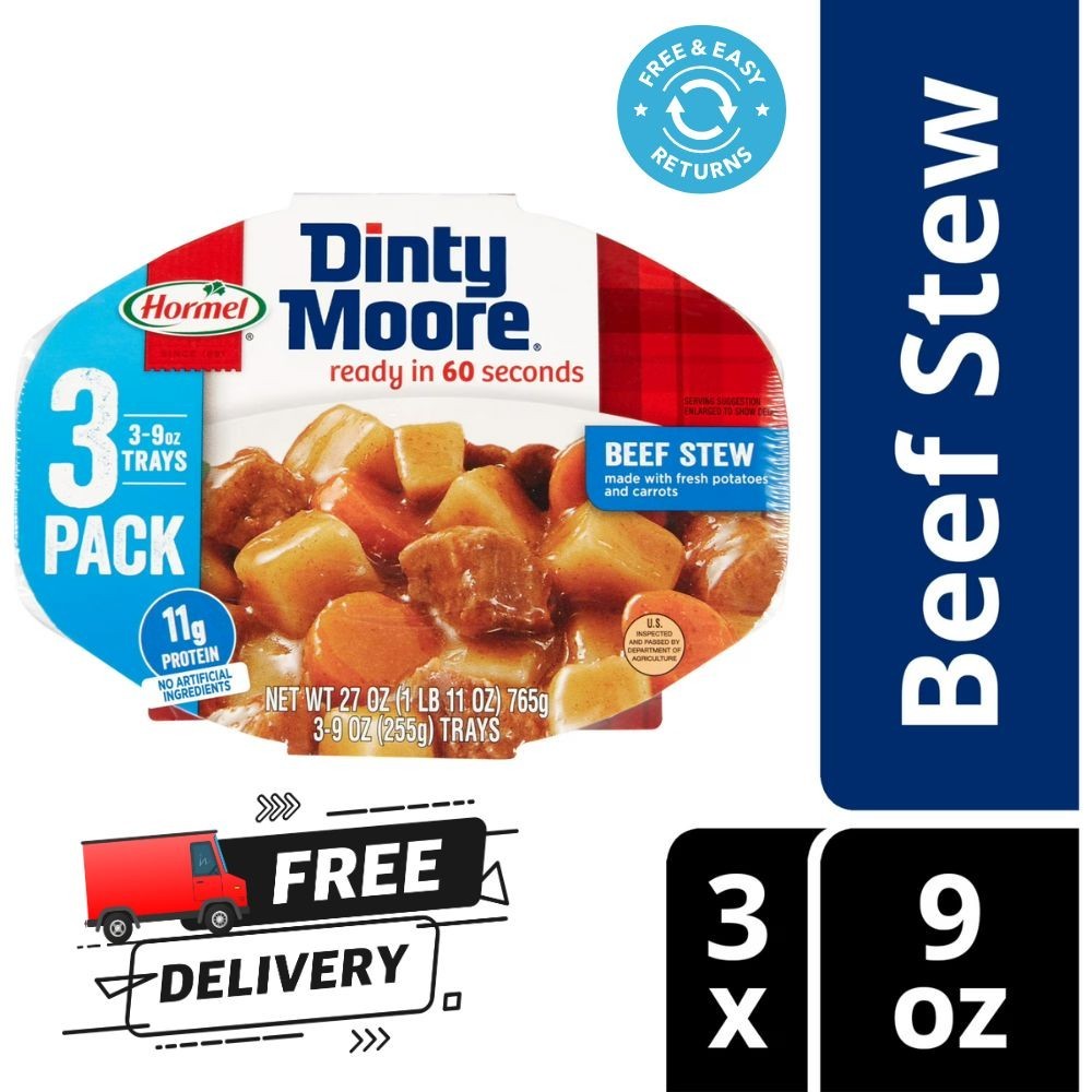 3-Pack DINTY MOORE Beef Stew, Shelf-Stable, 12 Grams Protein, 9 oz Plastic