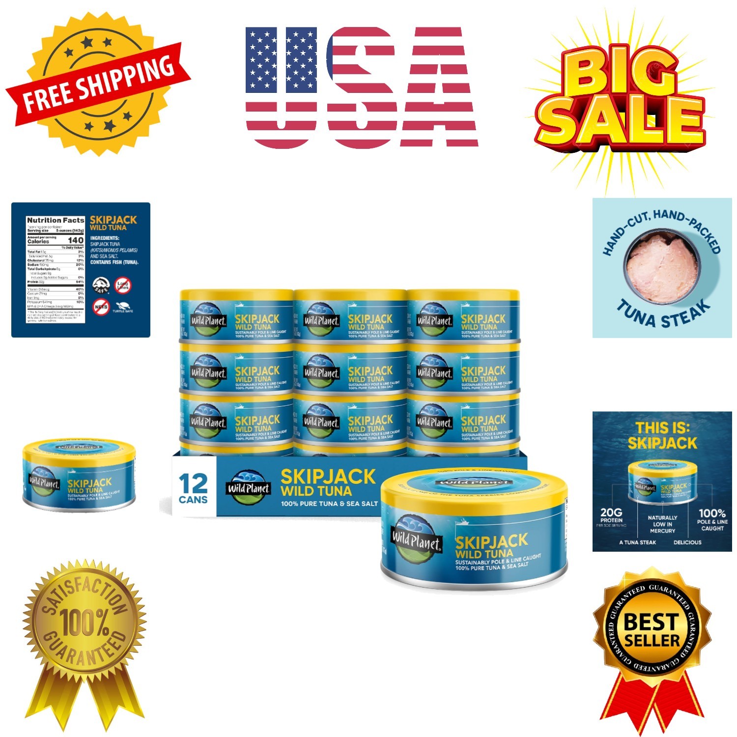 Skipjack Wild Tuna, Sea Salt, Canned Tuna, Pole & Line Sustainably Wild-Caugh…