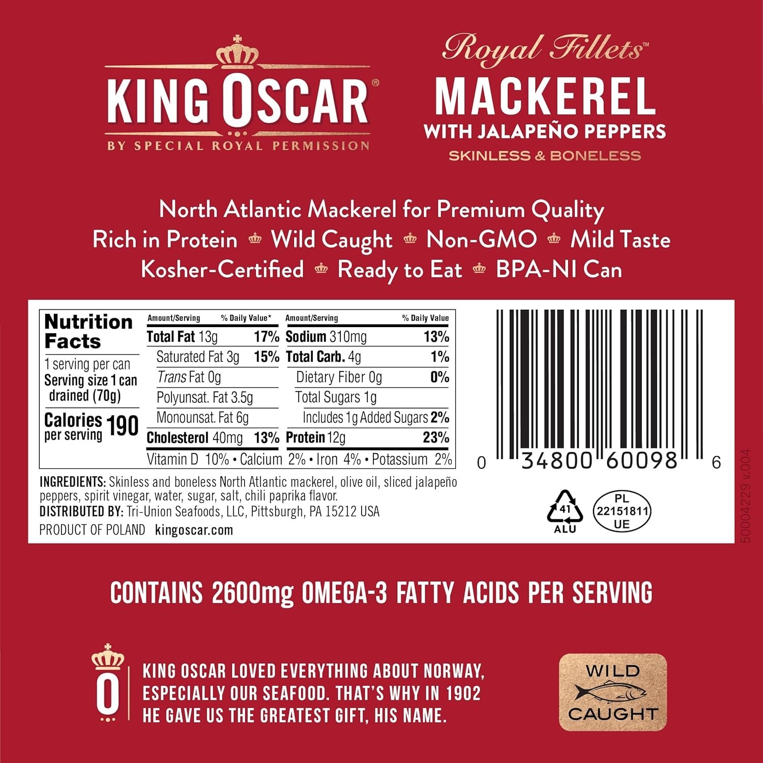 King Oscar Mackerel in Olive Oil Jalapeno 4.05 oz Cans 12-Pack Skinless