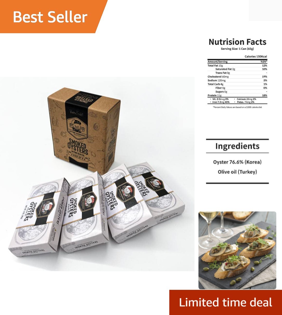 Pack of 4 Smoked Oysters in Pure Olive Oil, 3-Ounce Cans
