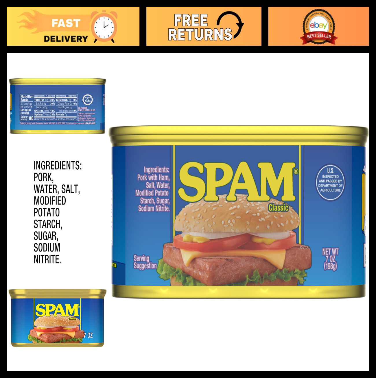 12-Pack SPAM Classic 7 oz Cans – Fully Cooked Pork & Ham, Gluten-Free, Shelf-Sta