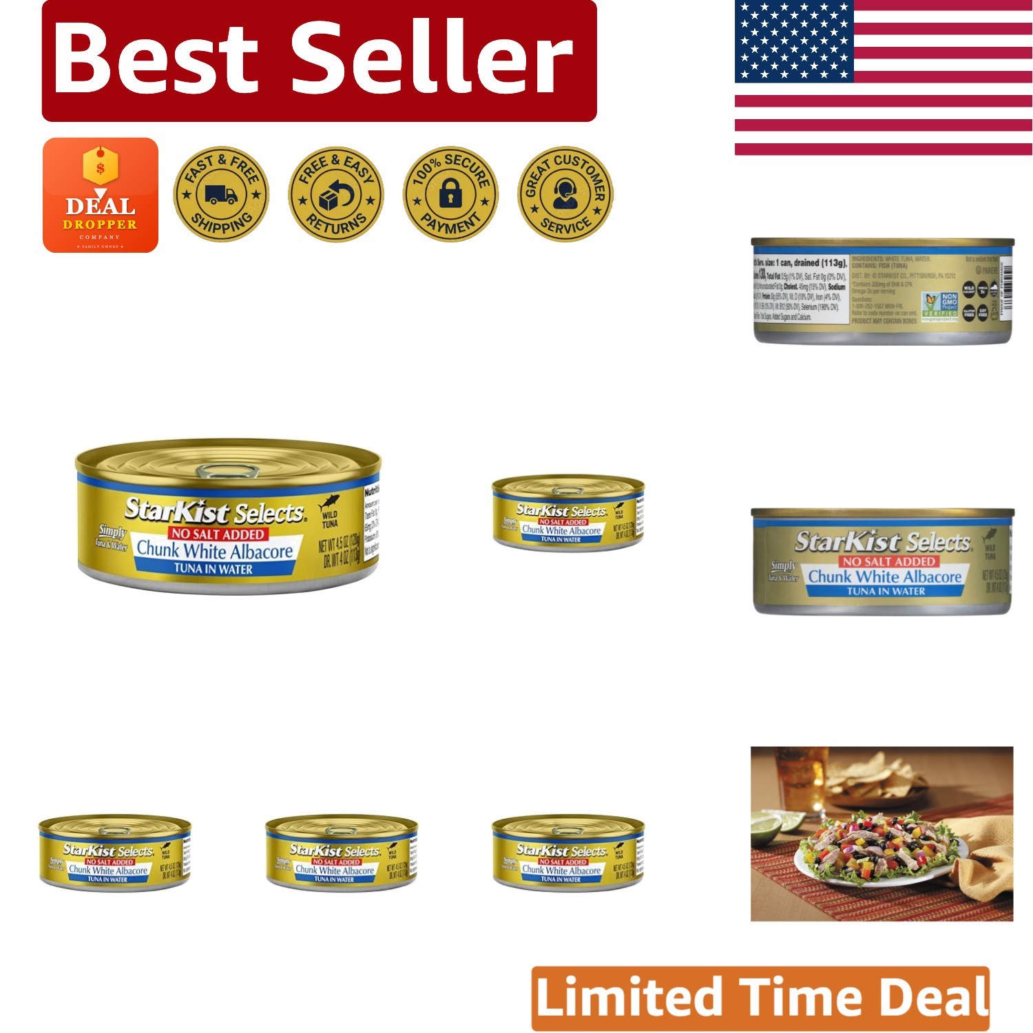 Selects No Salt Added Chunk White Albacore Tuna, 4.5 oz Can Pack of 5