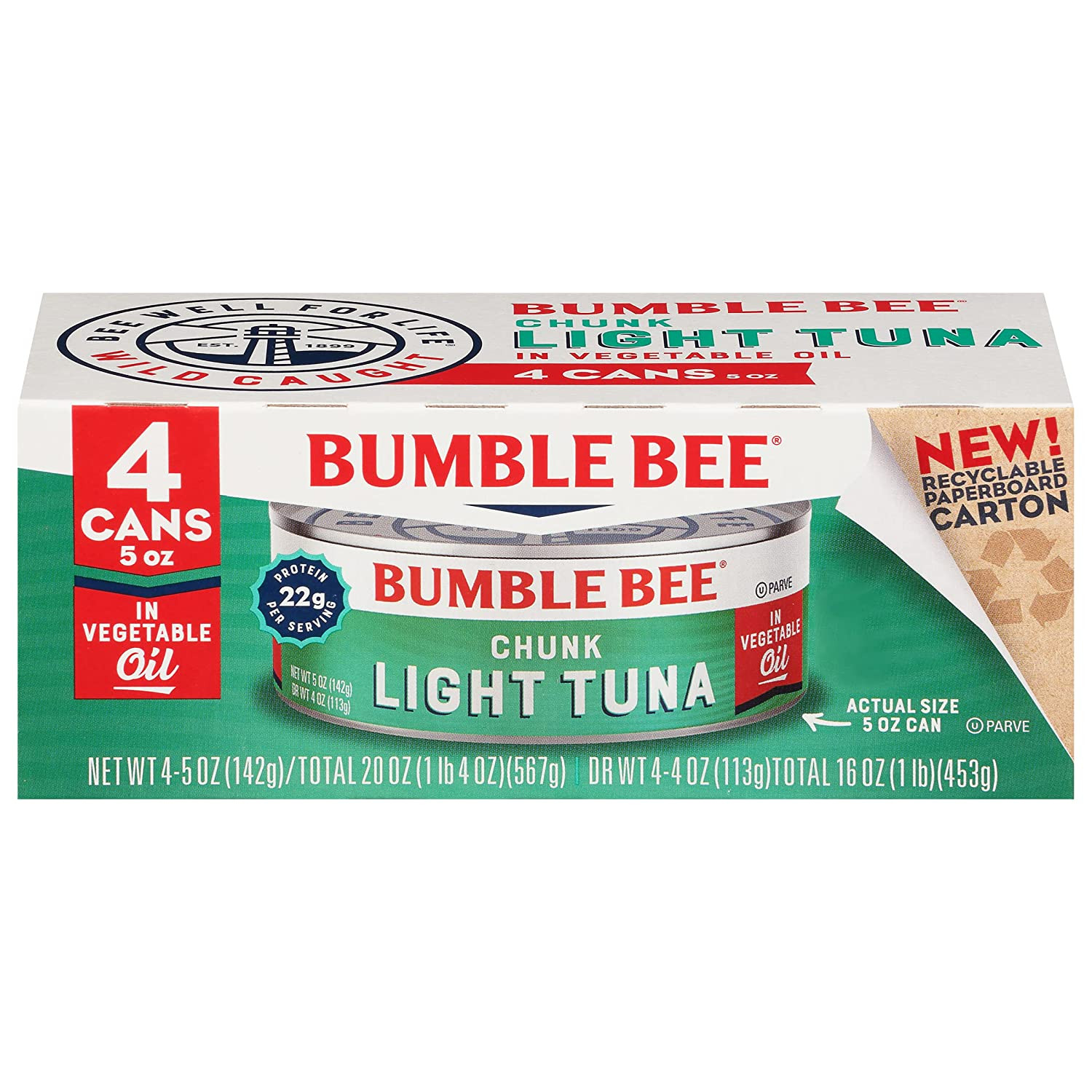 Bumble Bee Chunk Light Tuna in Oil, 5 Oz Cans (Pack of 4) – Wild Caught Tuna – 2