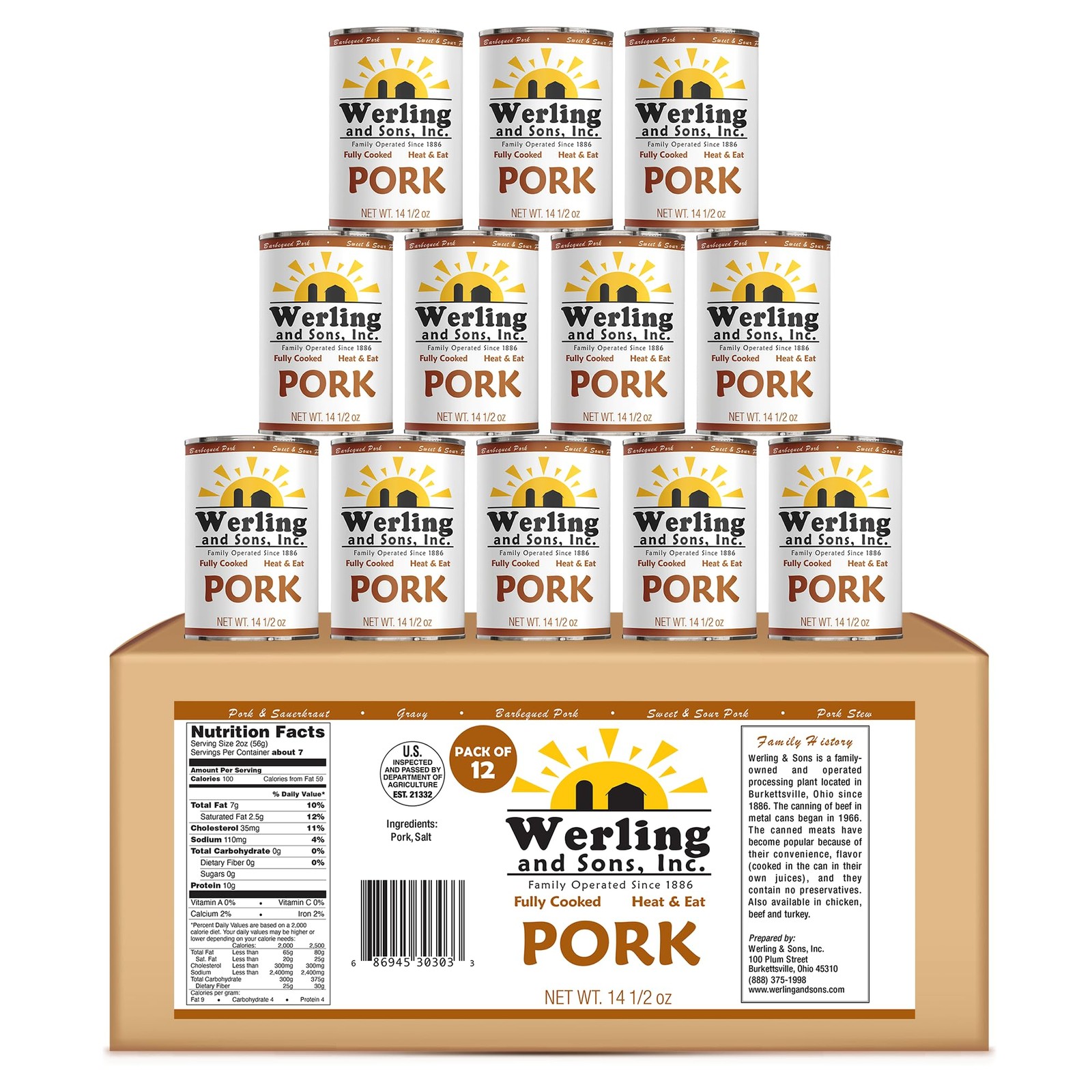 Werling & Sons Canned Pork 14.5 Oz – Fully Cooked Heat & Eat Pack of 12