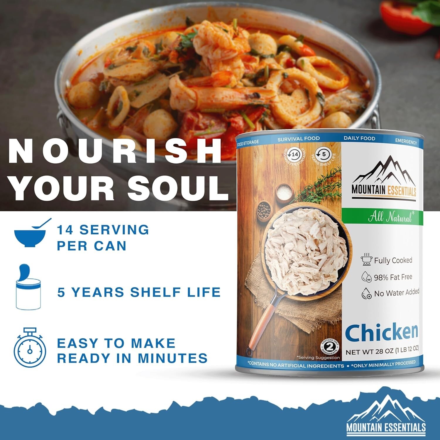 MOUNTAIN ESSENTIALS All Natural Fully Cooked Chicken 28oz, Food Pack of 6