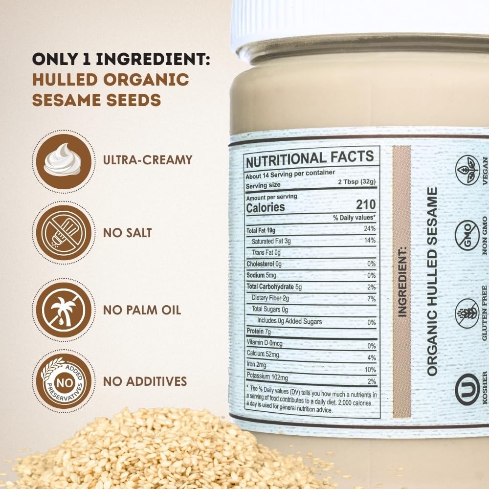 Organic Tahini Paste 16 oz (1lb) – Smooth Tahini Organic from Hulled Sesame S…