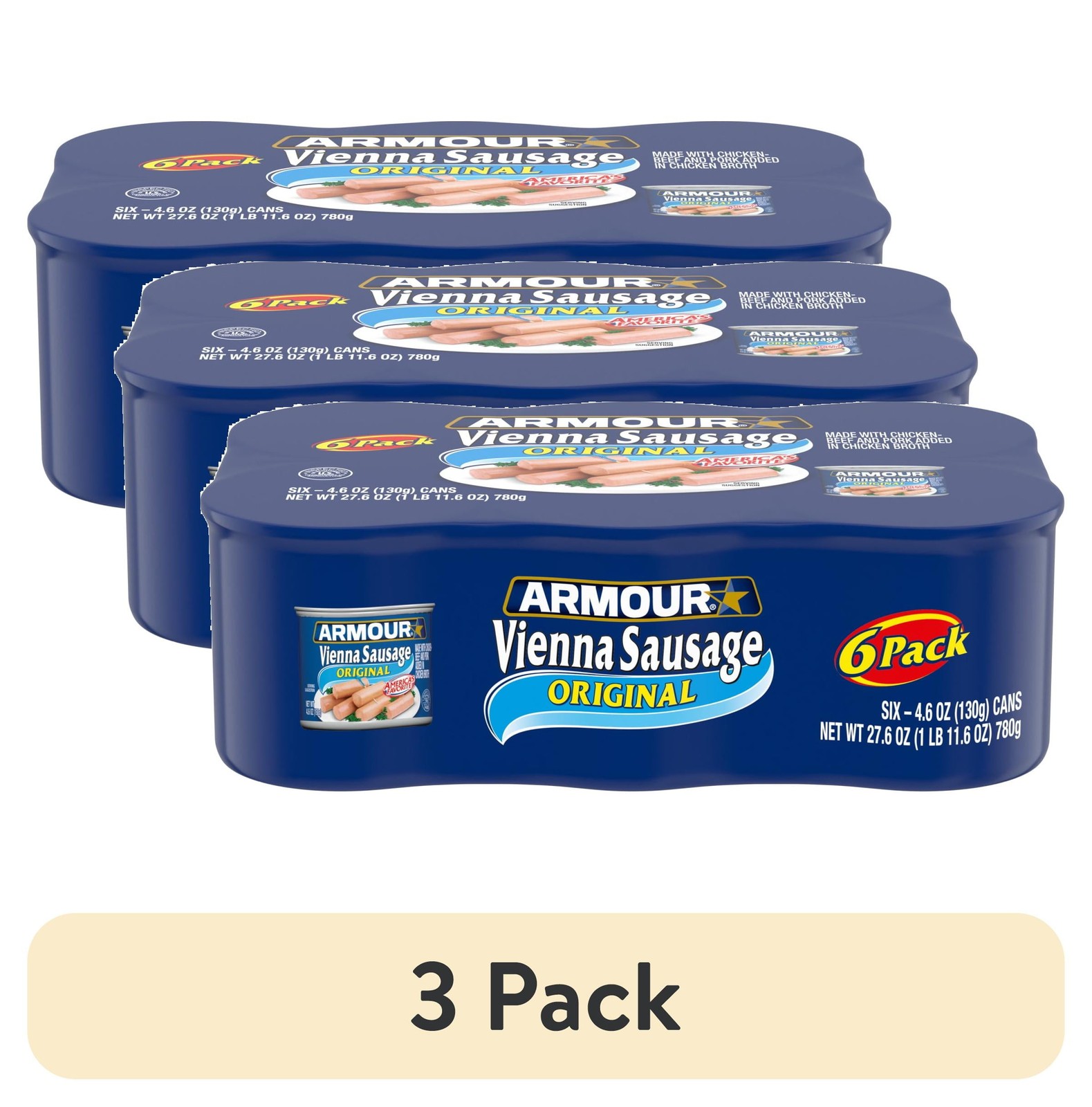 (3 pack) Vienna Sausage, Original Flavor, Canned Sausage, 4.6 oz (Pack of 6)