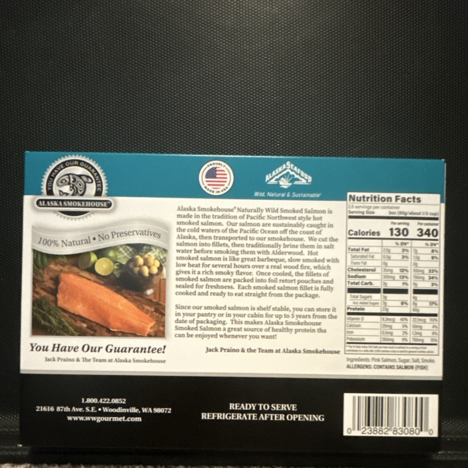 Alaska Smokehouse Naturally Wild Smoked Salmon Boneless Fillet Hot Smoked 8 oz