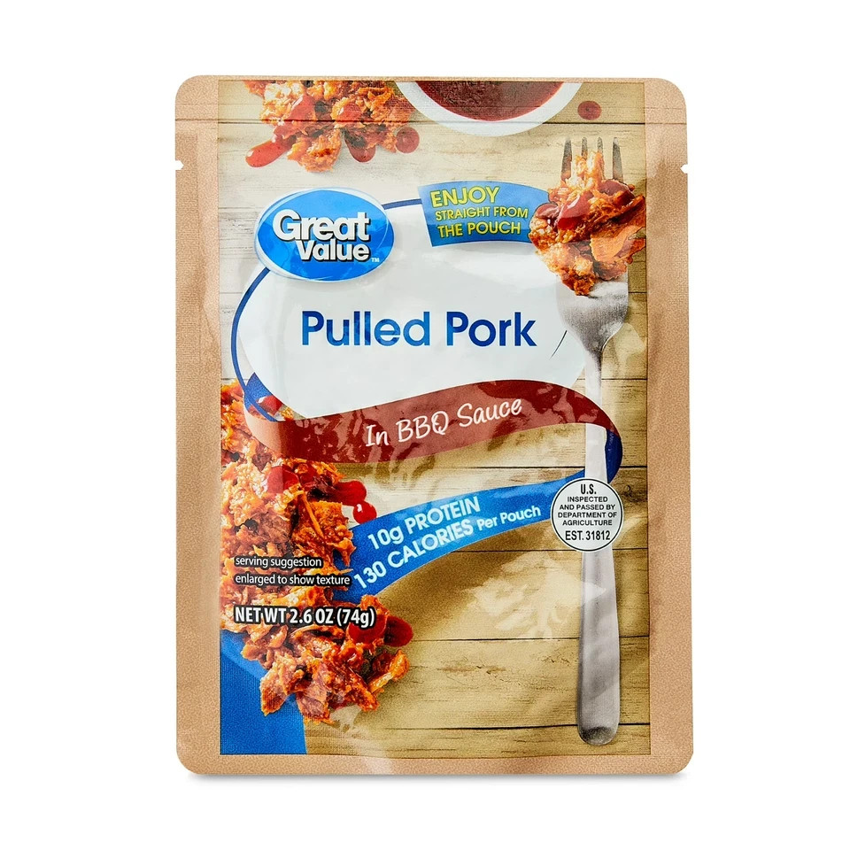 (3 pack) Great Value Pulled Pork, in BBQ Sauce, 2.6 oz Pouch