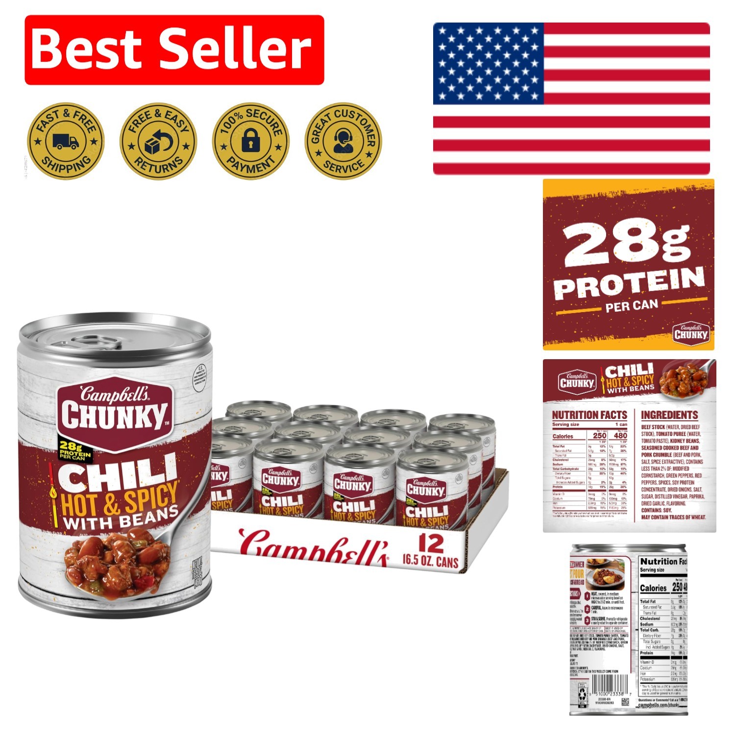 Hearty Hot & Spicy Chili with Beans, 16.5 oz Can – 12 Pack for Quick Meals