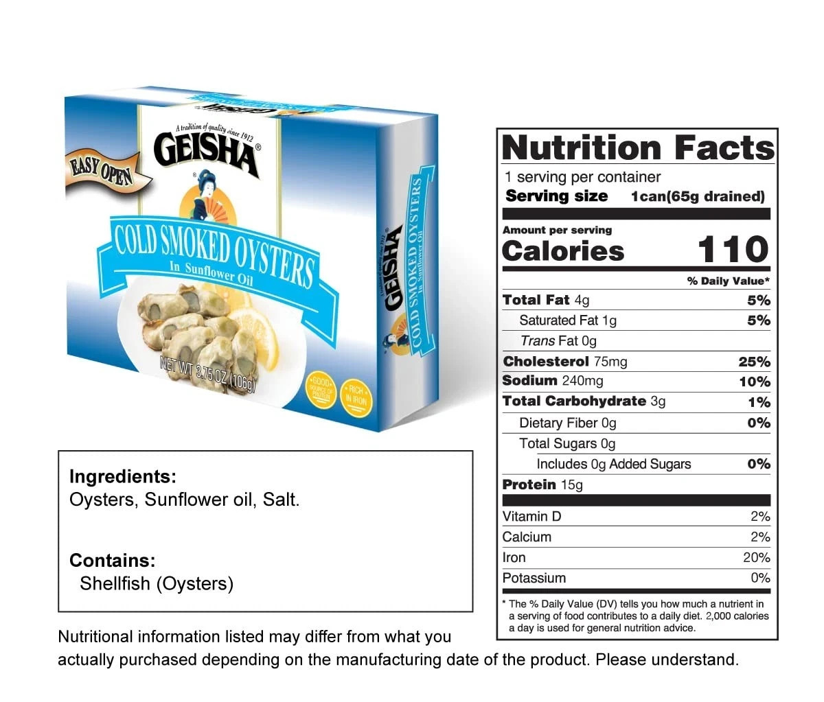 GEISHA Cold Smoked Oysters in Sunflower Oil 3.75ozPack of 12 Smoked Oysters |…