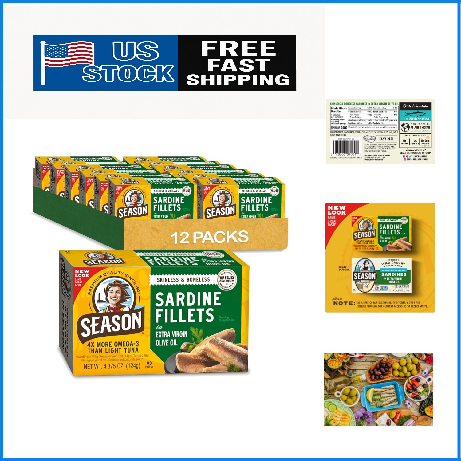 Sardines in Extra Virgin Olive Oil, 22g Protein, Non-GMO, 12 Cans, High Calcium