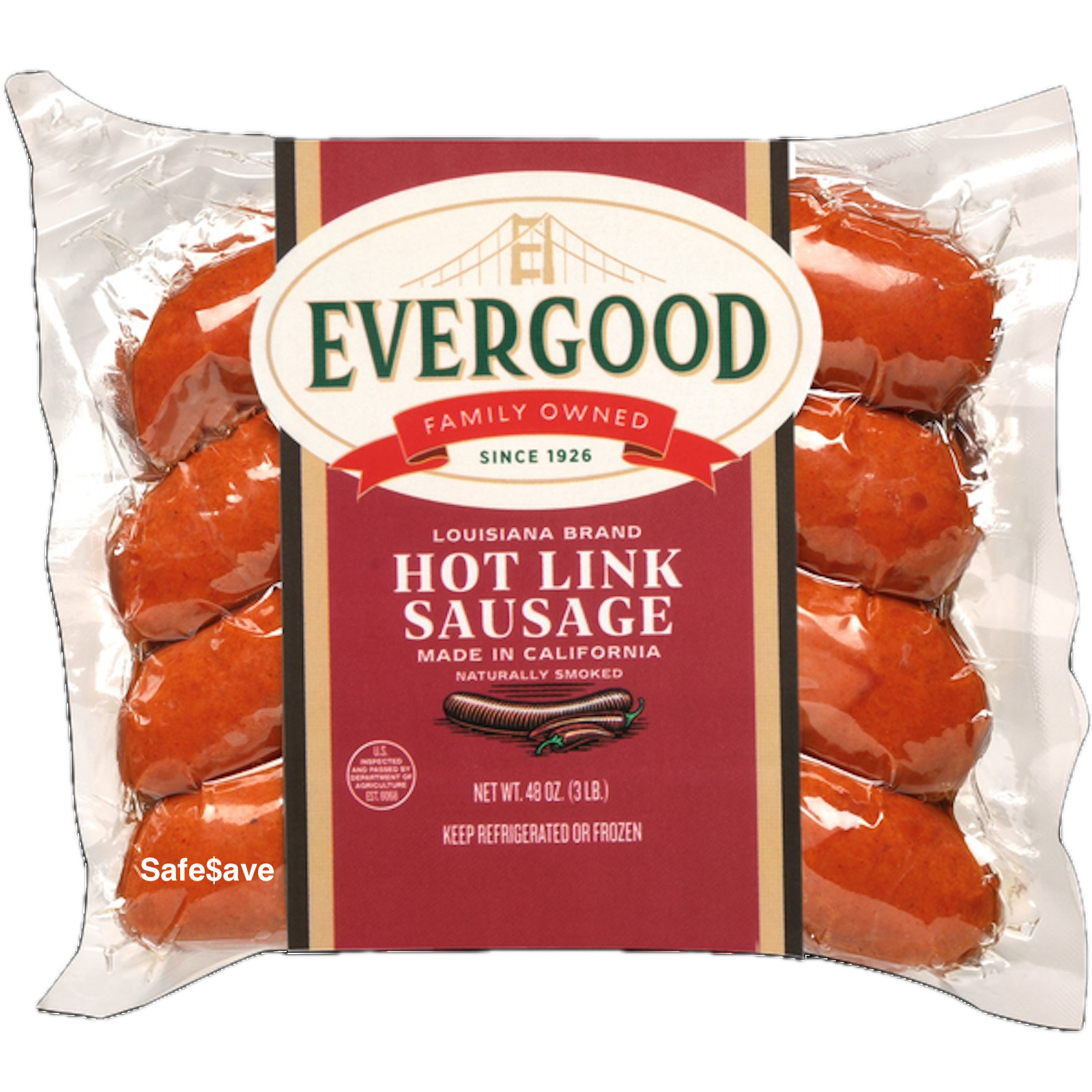 3 Lbs Evergood Louisiana Brand Beef Hot Link Sausages 3 individ packs 16 oz Each
