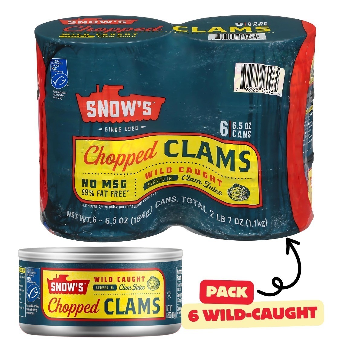 Wild-Caught Chopped Clams, 6.5 oz (Pack of 6) – 5g Protein, Sustainably Sourced
