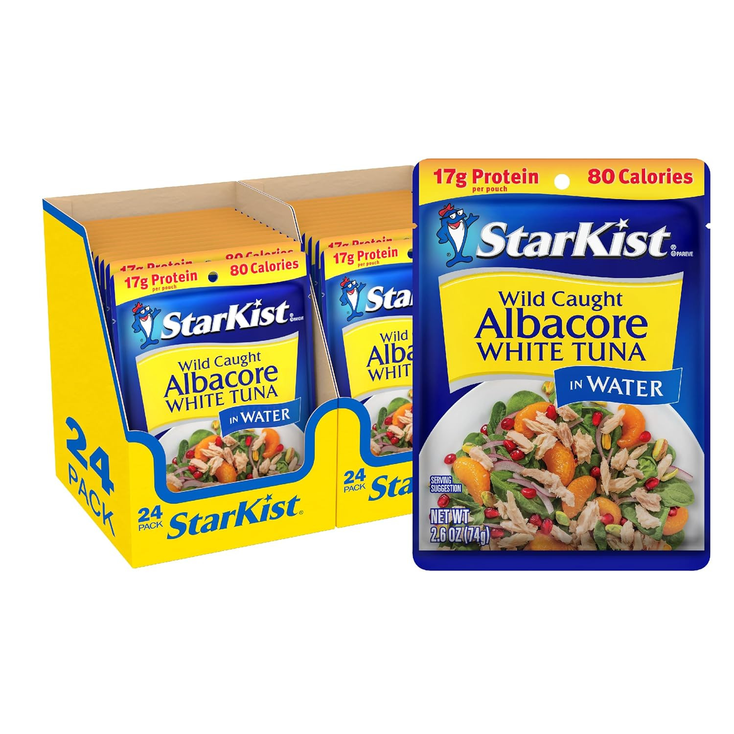 Albacore White Tuna in Water, 2.6 Oz Pouch (24 Pack) Ready to Eat Wild Caught Tu