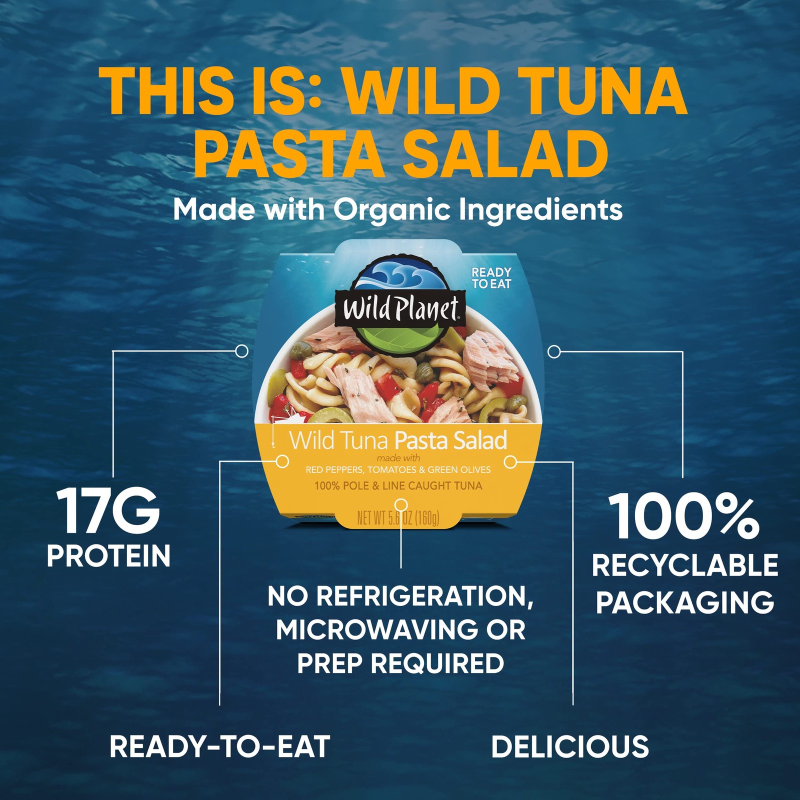 Ready-To-Eat Wild Tuna Pasta Salad With Organic Red Peppers, Tomatoes & Green Ol