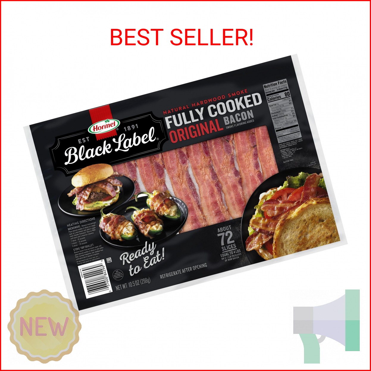 HORMEL BLACK LABEL Fully Cooked Bacon – Thick Bacon Snacks for Breakfast, 10.5 O