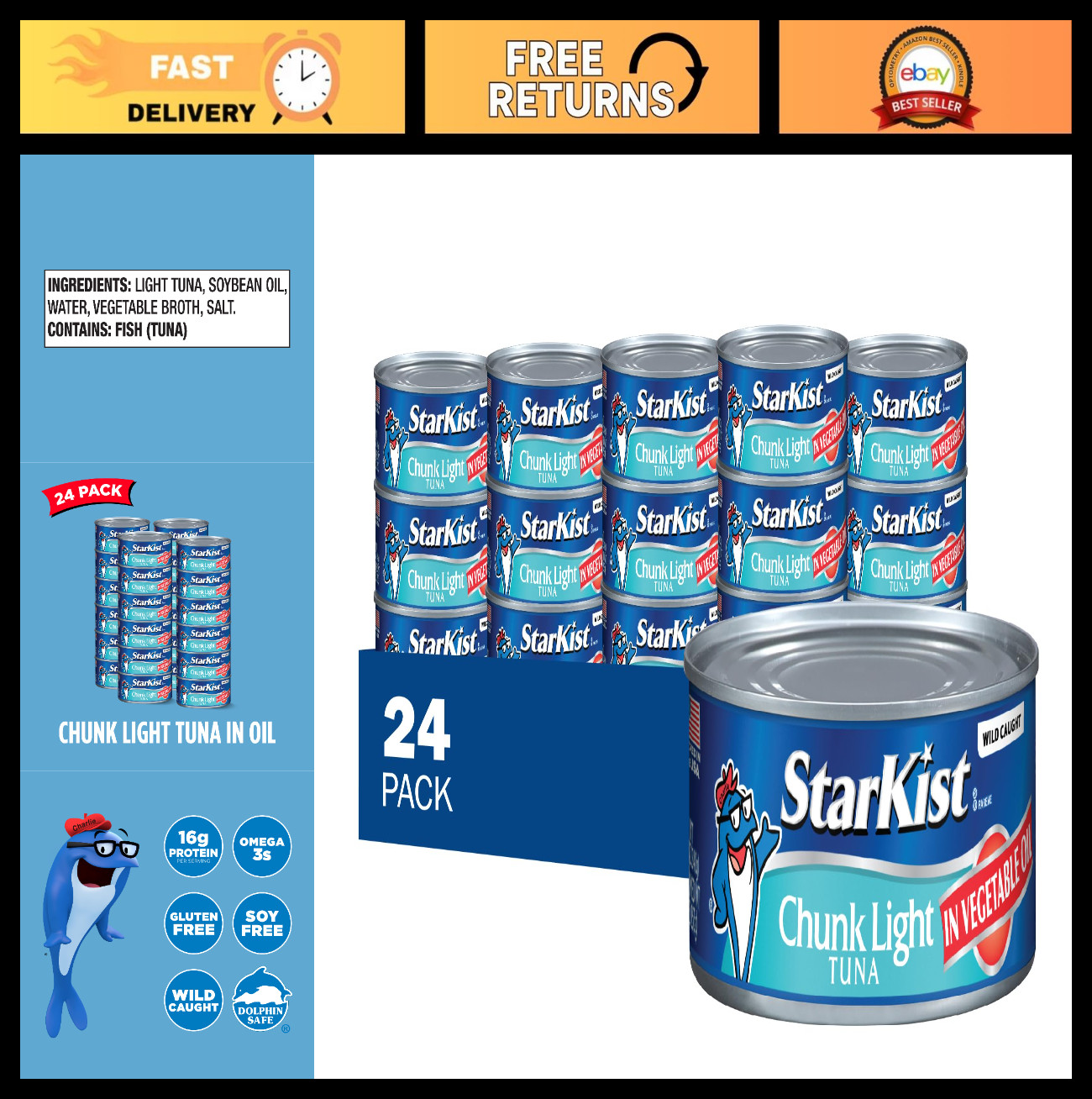Chunk Light Tuna in Oil – 12 oz Can, 24 Pack – High Protein, Low Fat, Canned Sea