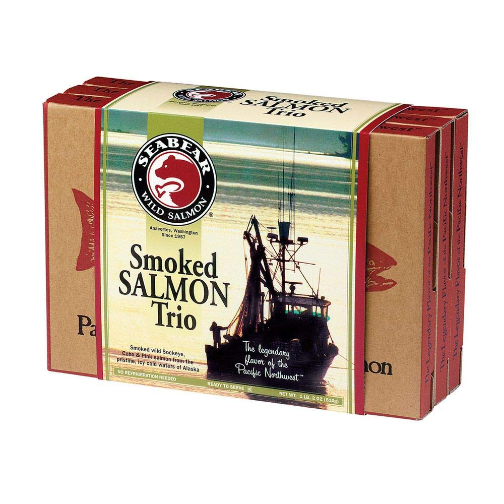 – Premium Wild Alaskan Smoked Sockeye, Coho, and Pink Salmon Trio – 18Oz Box