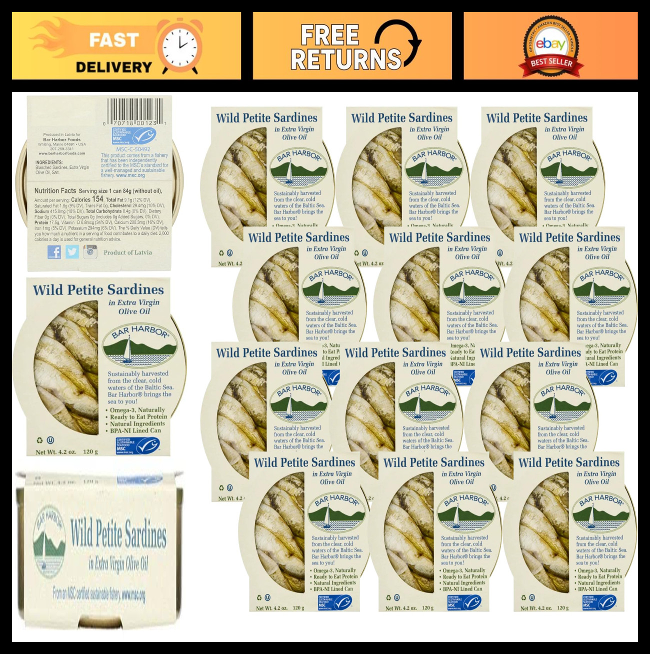 Wild Caught Petite Sardines in Extra Virgin Olive Oil, 4.2 oz – Pack of 12, Hand